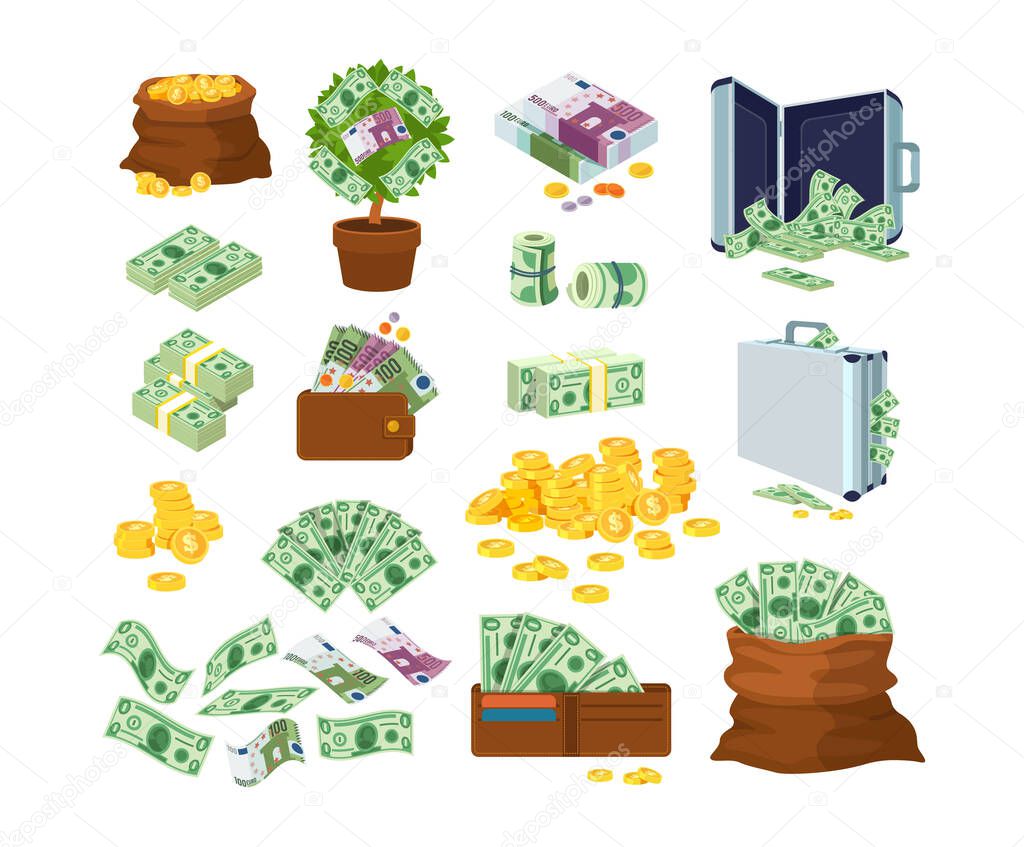 Euro and dollars money banknotes and coins. Bag of gold coins, money tree with bills, suitcase of money and wallet with paper currencies. Colorful flying dollar and euro banknotes with bundles vector