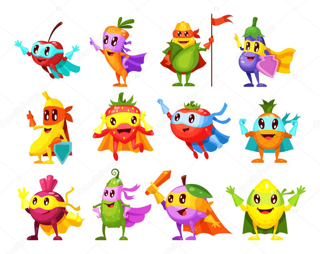 Super hero fruits, vegetables. Characters in different poses in costume at masks. Vegetable character superhero lemon, pineapple, strawberry, cherry, banana, carrot, eggplant, corn, beet, plum vector