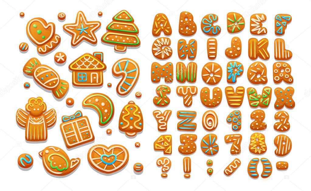 Christmas and New Year holidays gingerbread cookies alphabet. Xmas cartoon cookies alphabet, sweet winter food with decorated glazed sugar, arabic numbers, signs, covered icing-sugar vector