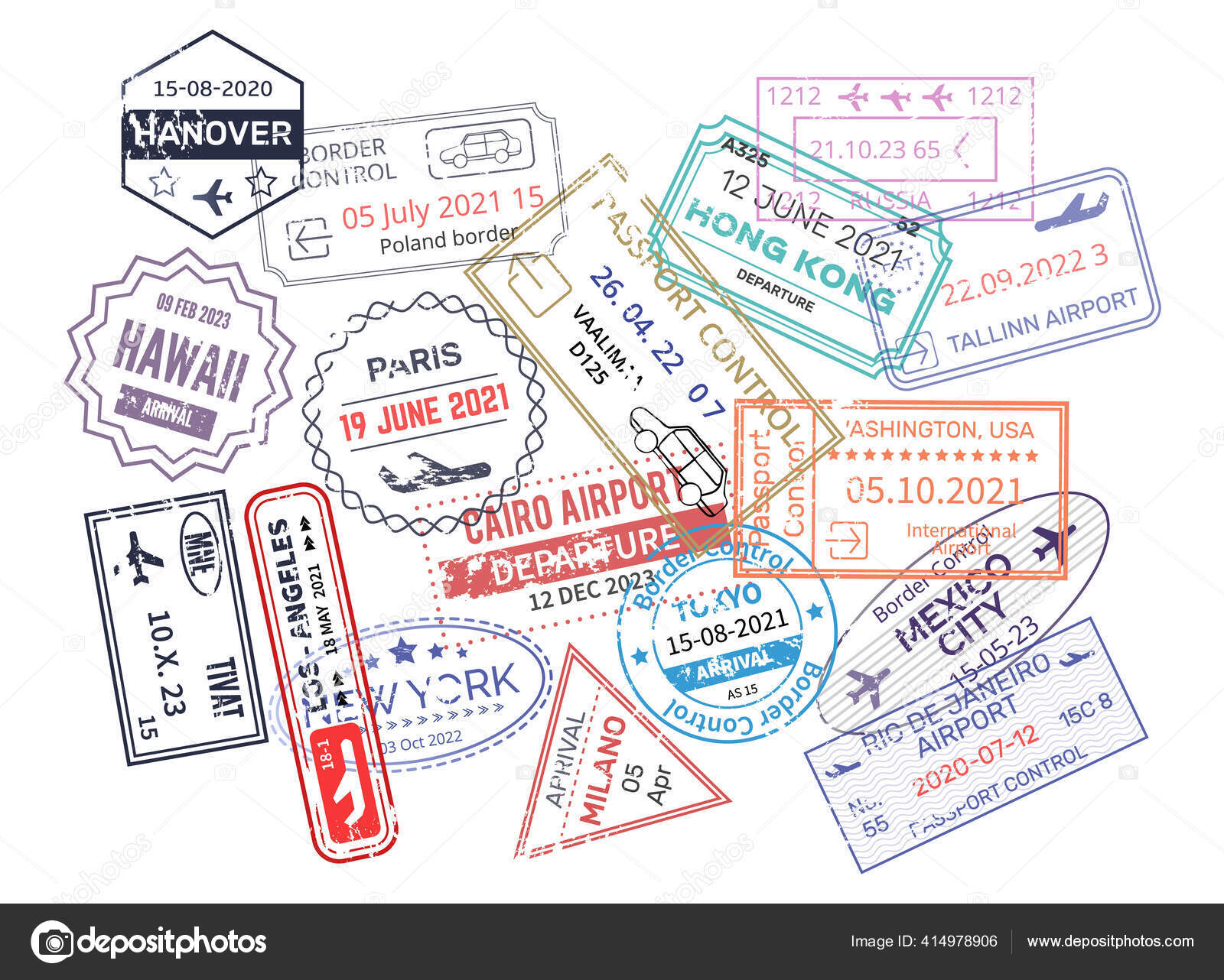 Stamp Passport Traveling Open Passport International Arrival Visa Stamps Vector Stock Vector