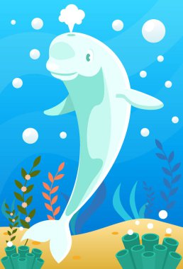 Şirin gülümseyen hayvanlar ve su altı dünyası. Tatlı beyaz balina su ile su sıçratıyor. Su altı dünyası hayvanları, algler ve su kabarcığı vektör çizimi.