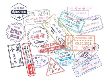 Pasaportunda açık pasaport damgası var. Uluslararası vize pulları vektör Meksika, Avustralya, Hong Kong, Kanada, ABD, New York, Hawaii, Paris, Hanover vektörü