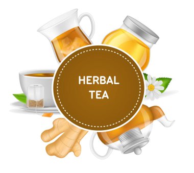 Gerçekçi seramik fincanda taze siyah çay, çay tabağında çay, nane yaprağı, zencefil kökü, çaydanlıkta çay kökü, vektör çizimi.