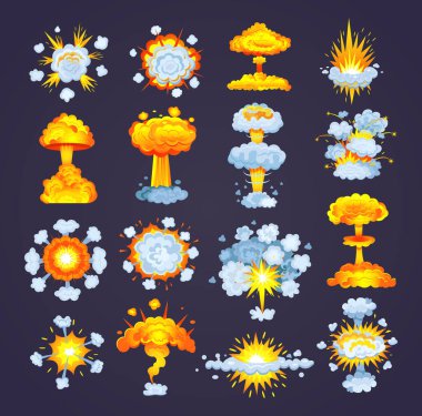 Patlama etkisi için animasyon. Çizgi roman animasyonunu eğlence patlaması etkisi altında çerçevelenmiş ayrı sahnelere ayırın. Ateş dumanı, elementlerin yanması alev, parçacıkların vektörü