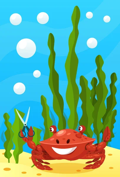 Niedliche Lächelnde Tiere Und Unterwasserwelt Niedliche Krabbe Mit Schere Unterwasserwelt — Stockvektor