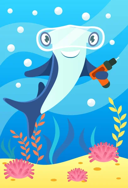 Cute smiling animals and underwater world. Cute hammerhead shark with glasses and with drill in fins. Undersea world animals, algae and water bubble cartoon vector illustration.