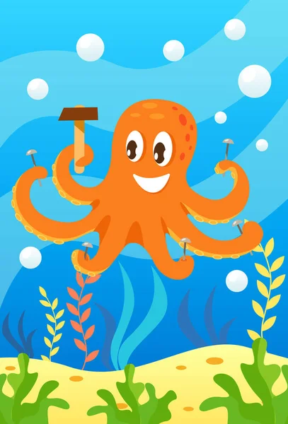 Cute smiling animals and underwater world. Cute octopus holds hammer and many nails in each of its tentacles. Undersea world animals, algae and water bubble cartoon vector illustration.