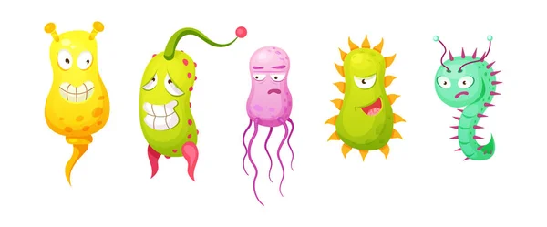 Mikroorganism Bakterier Mikrober Söta Bakterier Virusceller Baciller Med Roliga Leende — Stock vektor