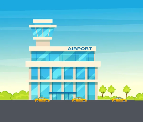 Lotnisko Terminal Budynku Samolotów Taksówka Samochód Ładowarka Samolot Pasie Startowym — Wektor stockowy