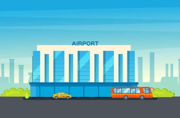 Havaalanı Terminali Binası Uçaklar Taksi Araba Yükleyici Pistteki Uçak Şehir — Stok Vektör