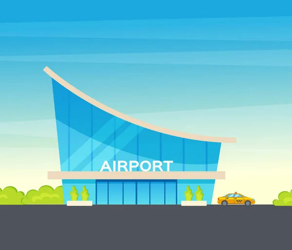 Aeroporto Edifício Terminal Aviões Táxi Carro Carregador Avião Pista Fundo — Vetor de Stock