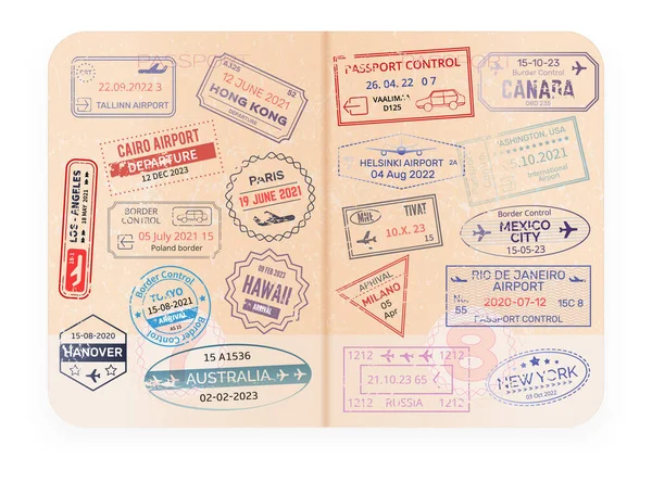 Stamp Passport Traveling Open Passport Document Watermarks Visas International Arrival — Stock Vector