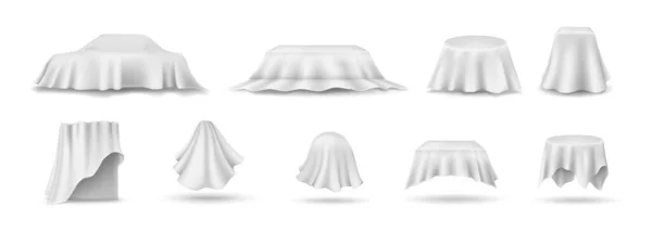 テーブルカバーのセット 現実的なぶら下げナプキン テーブルクロス カーテン 白い絹の布カバーテーブルクロス 布カーテンカバー 白を背景にした写実的なイラスト — ストックベクタ