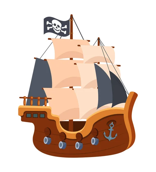 Pirate Ship Black Sails Flag Adventure Journey Sea Equipment Wooden — Stock Vector