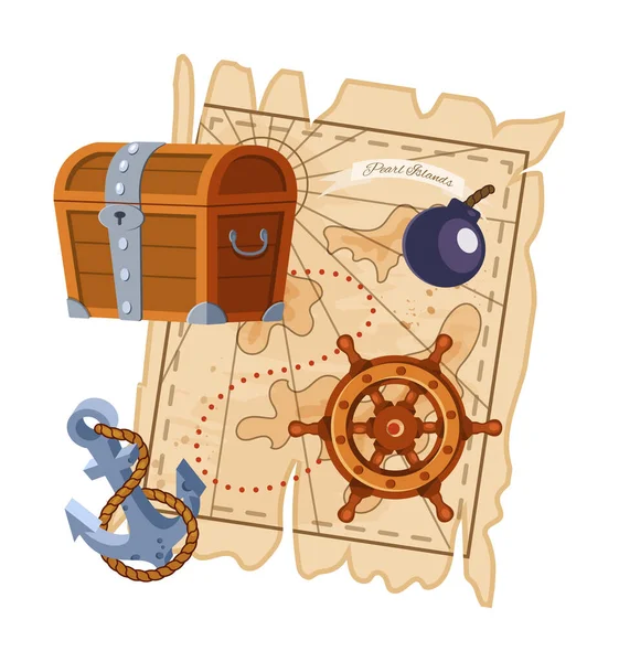 Pirate Adventure Map Wooden Treasure Chest Ship Wheel Boat Anchor — Stock Vector