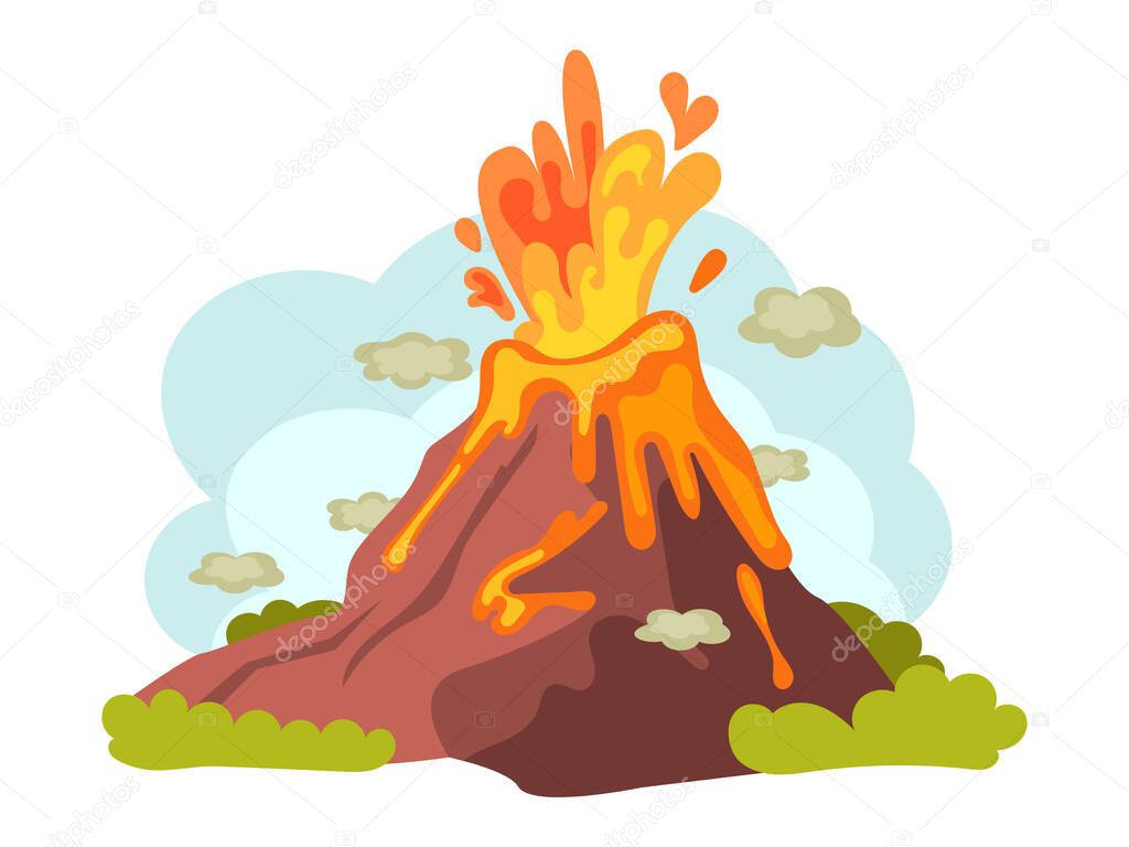 Natural disasters volcanic eruptions. Wild landscape volcanic eruption with flowing burning lava down. Cataclysm, catastrophe, destruction of nature cartoon vector illustration