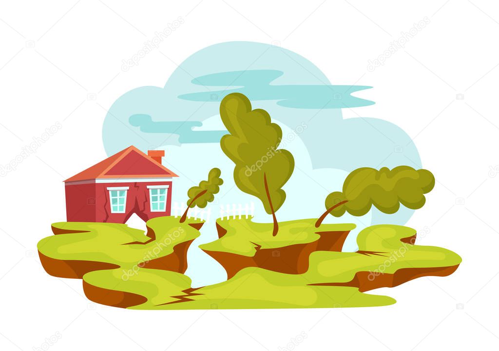 Natural disasters earthquake. House cracked and shattered earth during earthquake. Cataclysm, catastrophe, destruction of nature and environmental damage cartoon vector illustration