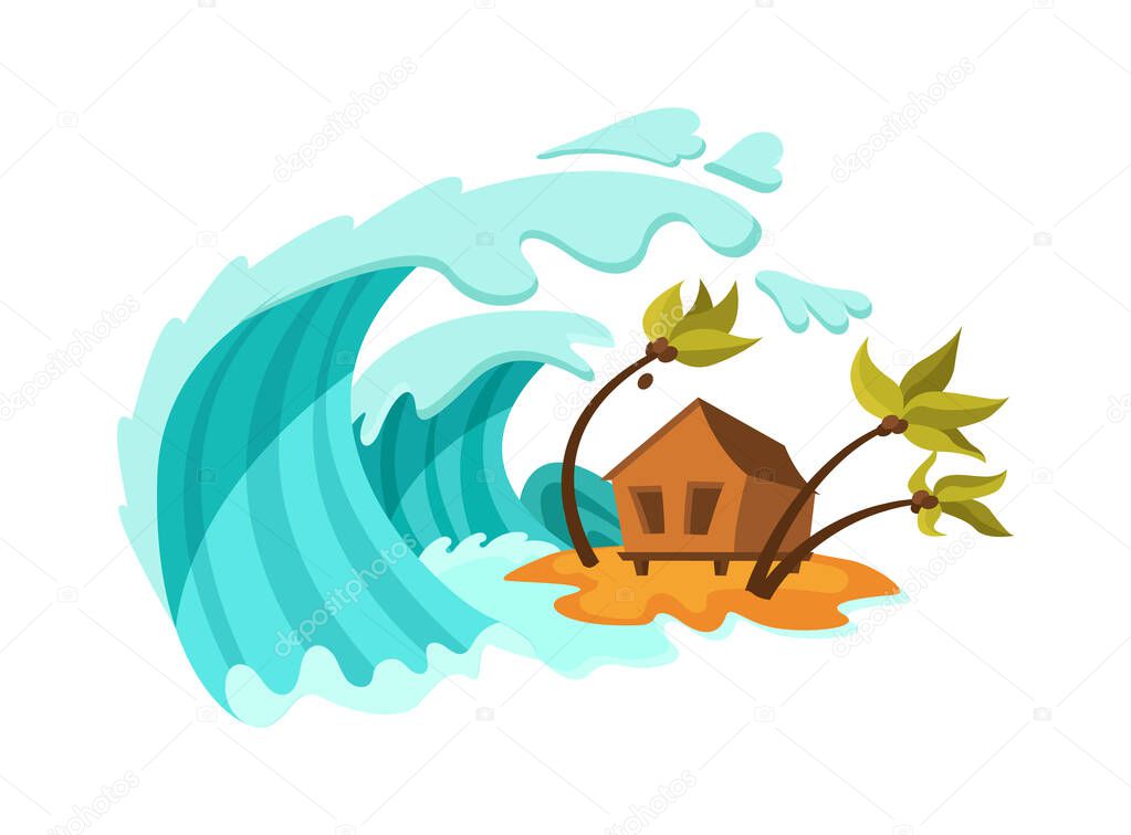 Natural disasters Tsunami. Natural strong disaster with rain, tsunami water waves covering the house. Cataclysm, catastrophe, destruction of nature and environmental damage cartoon vector illustration