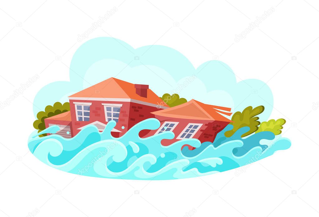 Natural disasters Floods. Flooding with the destruction of houses. Cataclysm, catastrophe, destruction of nature and environmental damage cartoon vector illustration