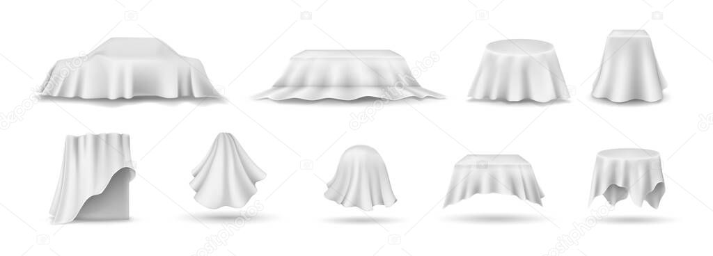 Set of draped table covers. Realistic hanging napkin, tablecloth, curtain. White silk cloth covered tablecloth, fabric curtain cover. Realistic illustration on white background.