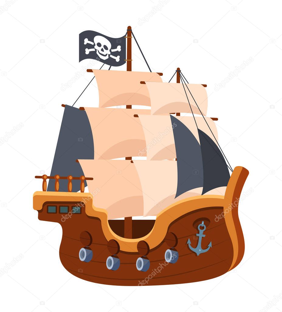 Pirate ship with black sails and flag. Adventure, journey in sea on equipment wooden boat, filibuster bounty corsair. Pirate sea ship on water. Cartoon vector illustration.