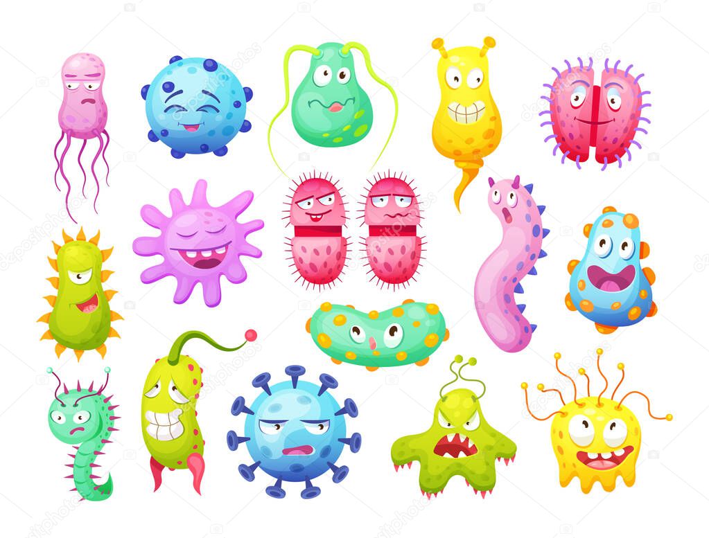 Microorganism, bacteria, microbes, cute germs, virus cell, bacillus with funny smiley faces. Viruses bacteria emoticon, microbe monsters smiling pathogen microbes coronavirus cartoon characters vector