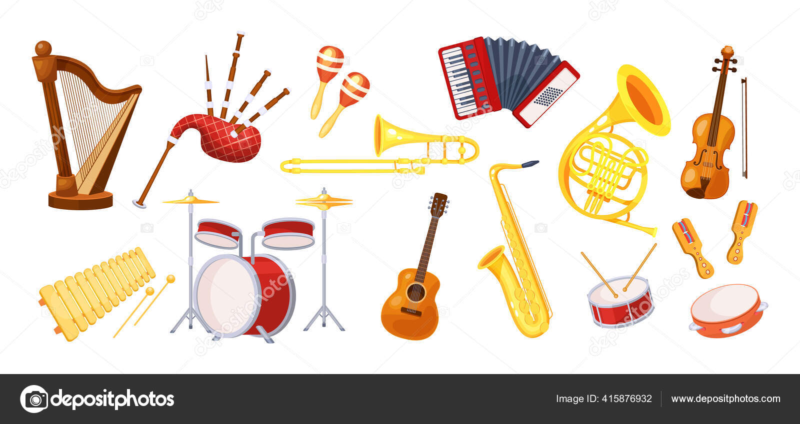 Conjunto Vários Instrumentos Acústicos Madeira Metal Musical Violino  Pandeiro Harpa Vetor de ©ansvetas 415876932, image size:1600x849