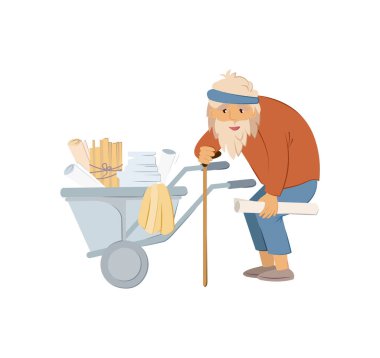 Evsiz insanlar konsepti. Yaşlı adamın yardıma ihtiyacı var. Elinde bastonla yaşlı evsiz bir adam, kağıtlarla dolu bir araba taşıyor, sokak izole edilmiş bir vektörde önceden paketlenmiş çöpleri topluyor.