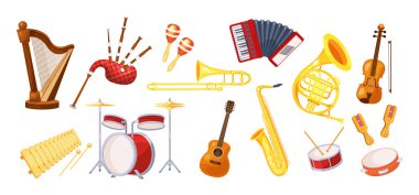 Çeşitli müzik metal ahşap akustik enstrümanları ayarla: keman, tef, arp, trombon, gayda, saksafon, akordiyon, gitar, davul, tef, sentezleyici, gayda, marakas, rumba çizgi film vektörü