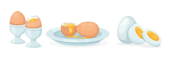 新鮮でゆで卵 鶏の割れた卵殻と黄身の壊れた卵 段ボール箱で 黄身と卵の半分 ゆで卵と揚げ 料理の材料 健康的な有機食品ファーム製品ベクトル — ストックベクタ