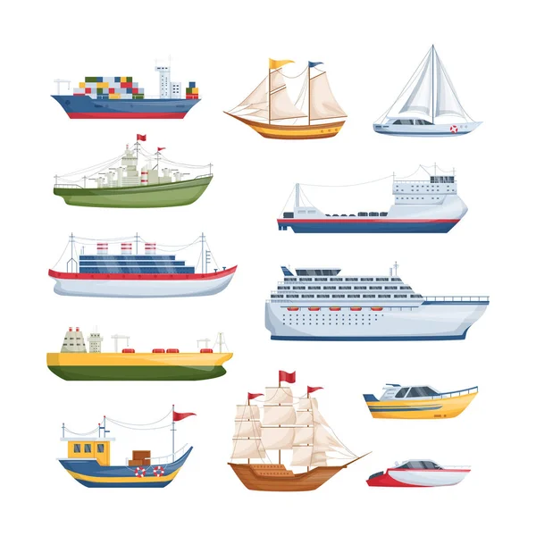 Barcos Marítimos Mar Barcos Transporte Veleros Yates Vela Cruceros Carga — Vector de stock