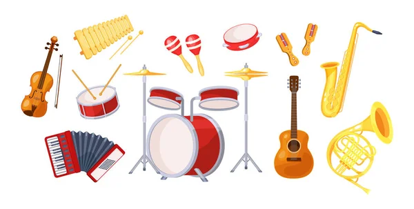 Set Diverse Muzikale Metalen Akoestische Instrumenten Viool Tamboerijn Harp Trombone — Stockvector