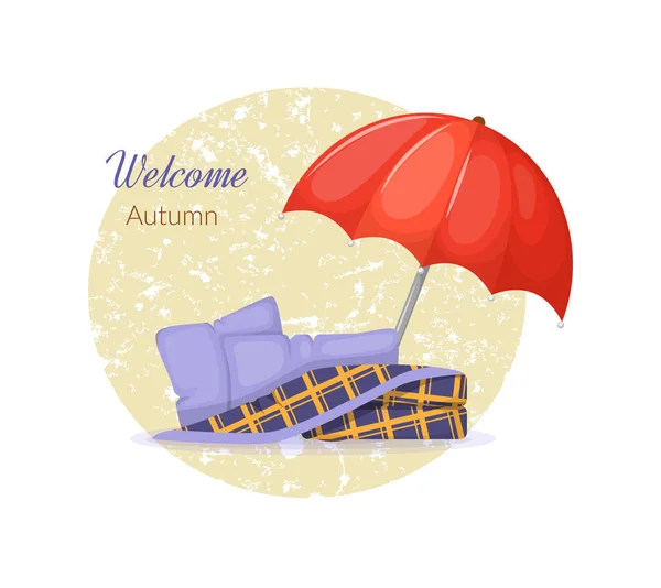 Bienvenue Collection Éléments Automne Parapluie Avec Oreiller Couverture Sur Fond — Image vectorielle