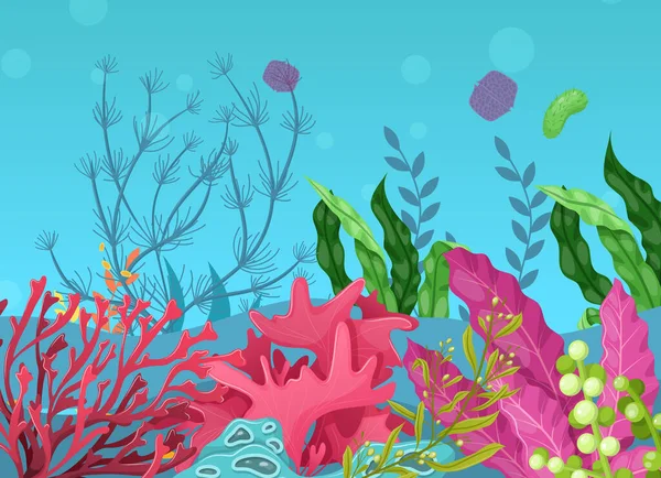 바닥에는 아쿠아 식물이 해저에는 산호초가 해초가 식물이 조류가 라미나 리아가 — 스톡 벡터
