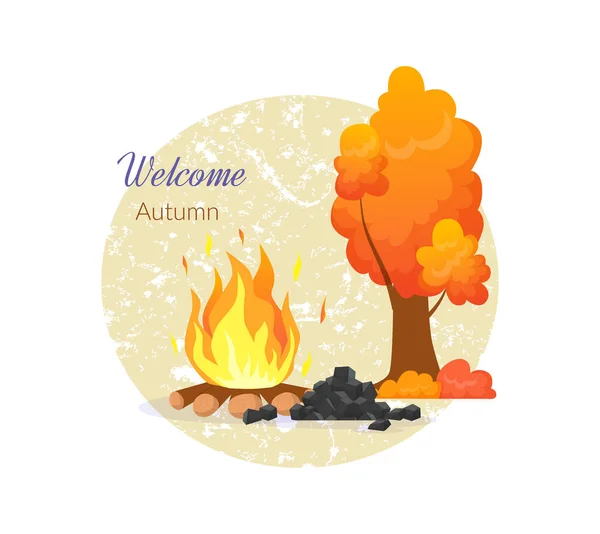 Willkommen Herbst Elemente Kollektion Lagerfeuer Mit Feuer Picknick Herbstbaum Vor — Stockvektor