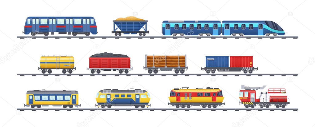 Set of freight train with wagons, tanks, freight, cisterns. Railway locomotive train with oil wagon, transportation cargo, railway transport locomotive, subway metro vector isolated