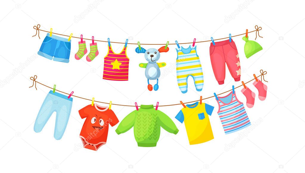 Baby clothes hanging on clothesline. Drying children's clothes and accessories after washing on rope. Shorts, socks, romper, sweater, hat, toys, T-shirt, sarafans, dress, skirts, blouse cartoon vector