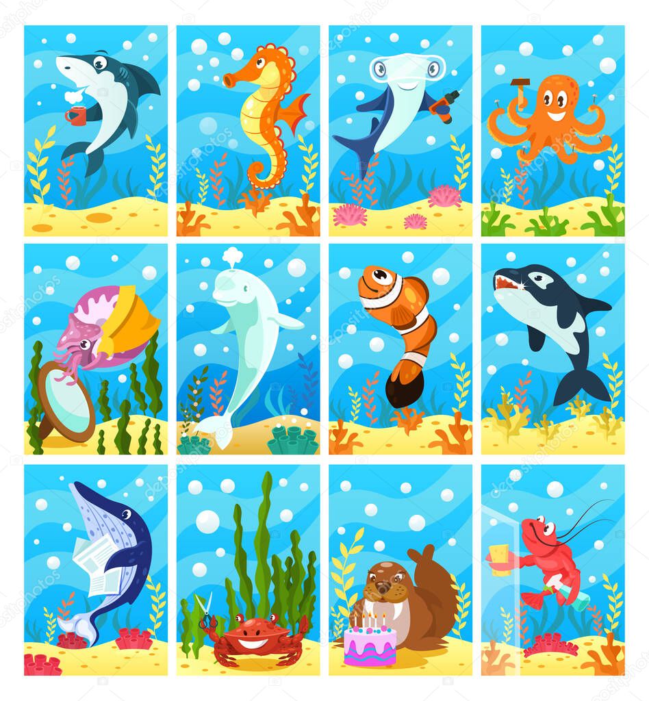 Cute smiling animals and underwater world. Blue whale, seahorse, fish, crab, lobster, killer whale, octopus, walrus, shark, shellfish. Undersea world animals. Cartoon vector illustration.