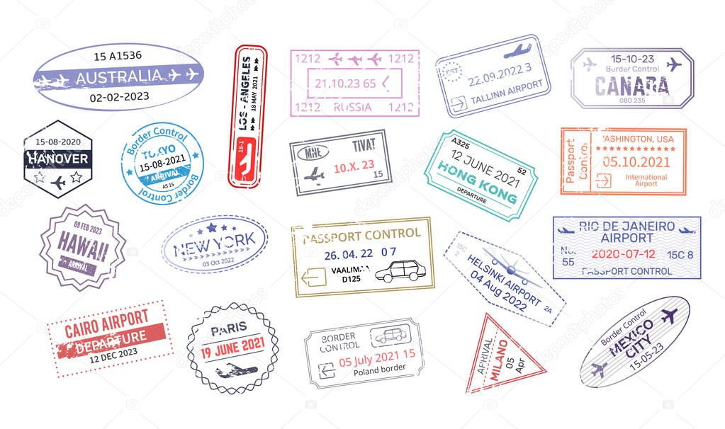 Stamp in passport for traveling an open passport. International arrival visa stamps vector Mexico, Australia, Hong Kong, Canada,USA, New York, Hawaii, Paris, Hanover vector