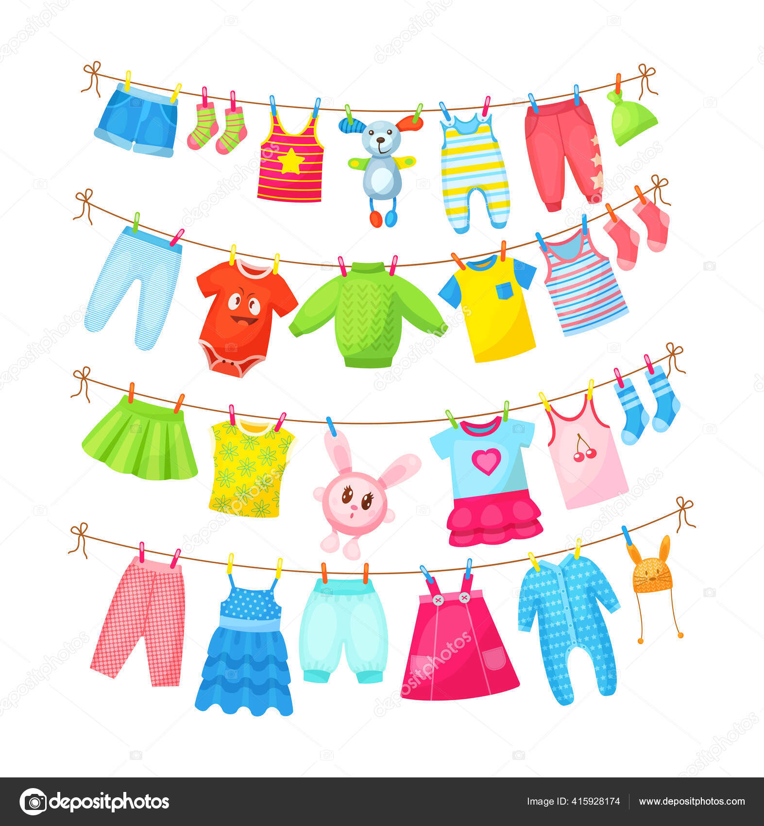 빨랫줄에 줄타기를 어린이들의 액세서리를 달았다 스웨터 장난감 티셔츠 사라판 드레스 스톡 벡터 - ©ansvetas 415928174, image size:1573x1700