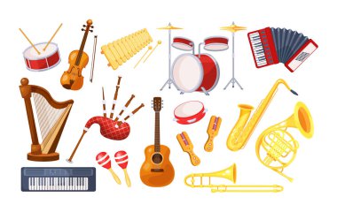 Çeşitli müzik metal ahşap akustik enstrümanları ayarla: keman, tef, arp, trombon, gayda, saksafon, akordiyon, gitar, davul, tef, sentezleyici, gayda, marakas, rumba çizgi film vektörü
