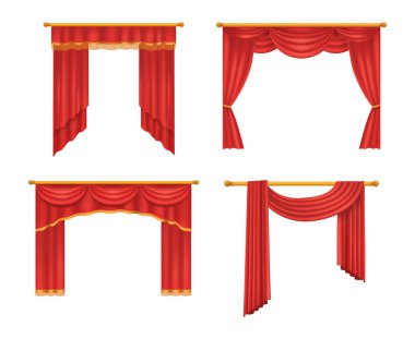 Gerçekçi kırmızı tiyatro perdeleri. Kırmızı ipek kadife perdeler ve perdeler iç dekorasyon, tiyatro dekorasyonu, düğün salonu, sinema, salon operası. Lüks kumaş dokusu izole edilmiş vektör çizimi
