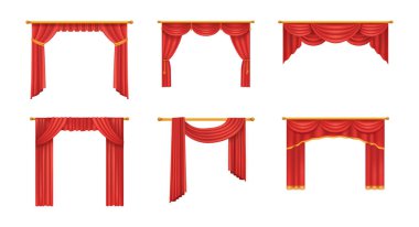 Gerçekçi kırmızı tiyatro perdeleri. Kırmızı ipek kadife perdeler ve perdeler iç dekorasyon, tiyatro dekorasyonu, düğün salonu, sinema, salon operası. Lüks kumaş dokusu izole edilmiş vektör çizimi