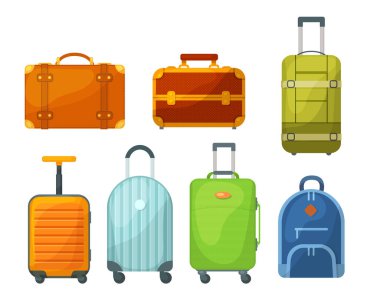 Travel luggage, metal backpacks, plastic case and leather bag. Travel suitcase with wheels, journey package, business travel bag, trip luggage. Backpack suitcase for journey, vacation, tourism vector clipart
