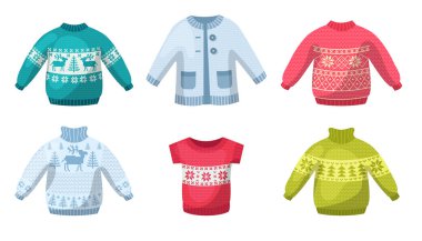 Şirin, sıcak, örülü süveter takımı. Noel süveterleri, şenlikli kış dönemi süslemeleri geyik, kardan adam, ladin çizgi filmindeki vektör çizimleri. Yün ören kışlık giysiler