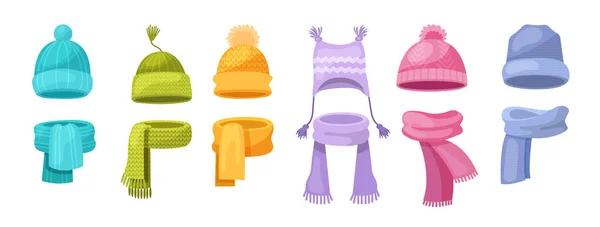 漂亮的针织了温暖的秋天和冬天的衣服 温暖的孩子 女孩的帽子和围巾 寒冷天气卡通片媒介的头饰 儿童服装配件 — 图库矢量图片