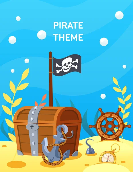 Tema Pirata Vetor Caixa Tesouro Dos Desenhos Animados Fundo Oceano — Vetor de Stock