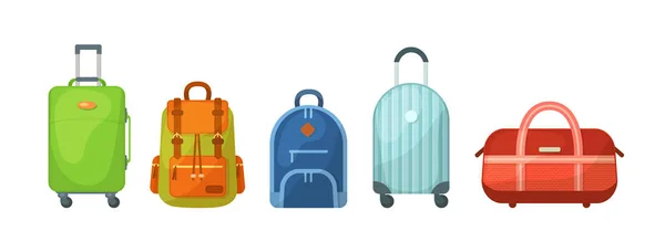 Reisegepäck Metallrucksäcke Kunststofftasche Und Ledertasche Reisekoffer Mit Rädern Reisepaket Geschäftsreisetasche — Stockvektor
