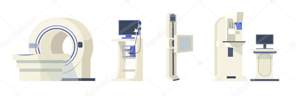 Hospital medical equipment set. Computed tomography brain, MRI magnetic resonance tomograph vector cartoon isolated, FGS apparatus installation, digital mammograph, ultrasound scanner vector cartoon