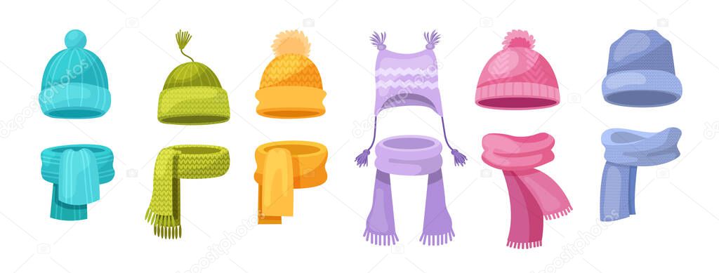 Cute knitted warm autumn and winter clothing. Warm kids girl hats and scarves. Headwear and accessories, children clothes accessory for cold weather cartoon vector
